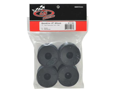 Black DE Racing Speedline ST RC car wheels for 1/10 trucks, showing a close-up of the sleek, lightweight wheel design.