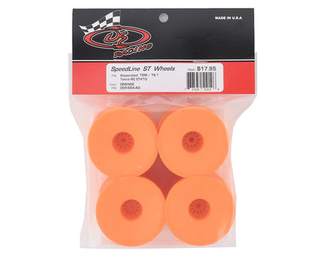 Orange DE Racing Speedline ST RC car wheels for 1/10 trucks, featuring a sleek design and sturdy construction.