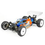 Tekno EB410.2 1/10th scale 4WD electric RC buggy kit with detailed chassis and suspension, ready for competitive racing.
