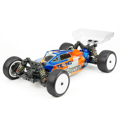 Tekno EB410.2 1/10th scale 4WD electric RC buggy kit with detailed chassis and suspension, ready for competitive racing.