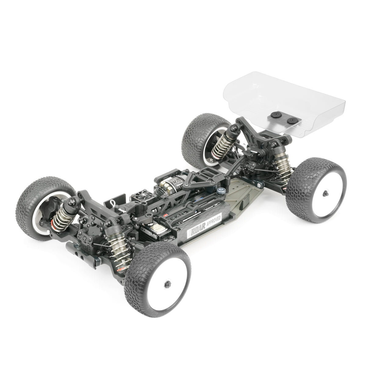 Tekno EB410.2 1/10th scale 4WD electric RC buggy kit with detailed chassis and suspension components, ready for racing.