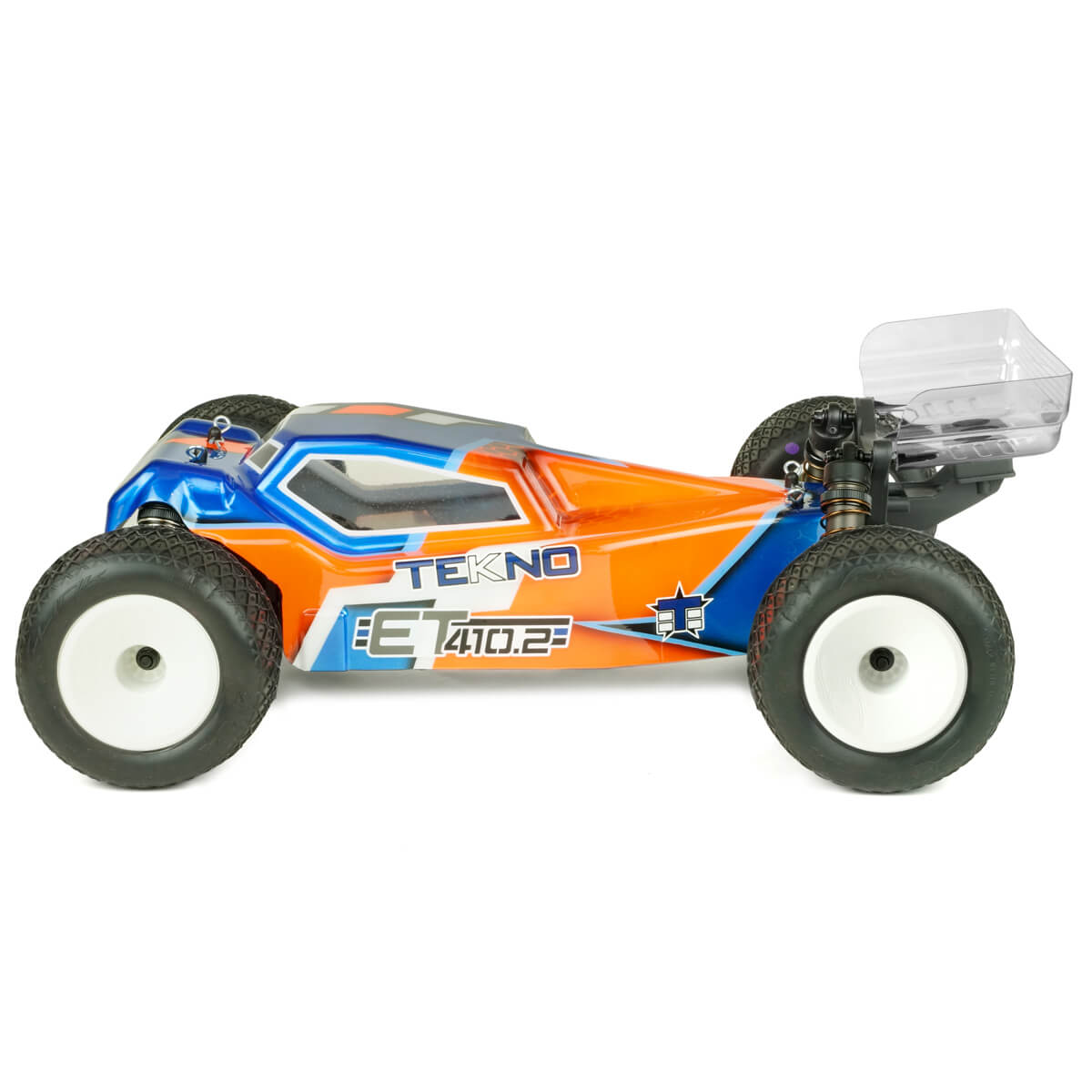 Tekno ET410.2 1/10th scale 4WD electric RC truggy kit with detailed chassis and suspension components, ready for high-performance racing.