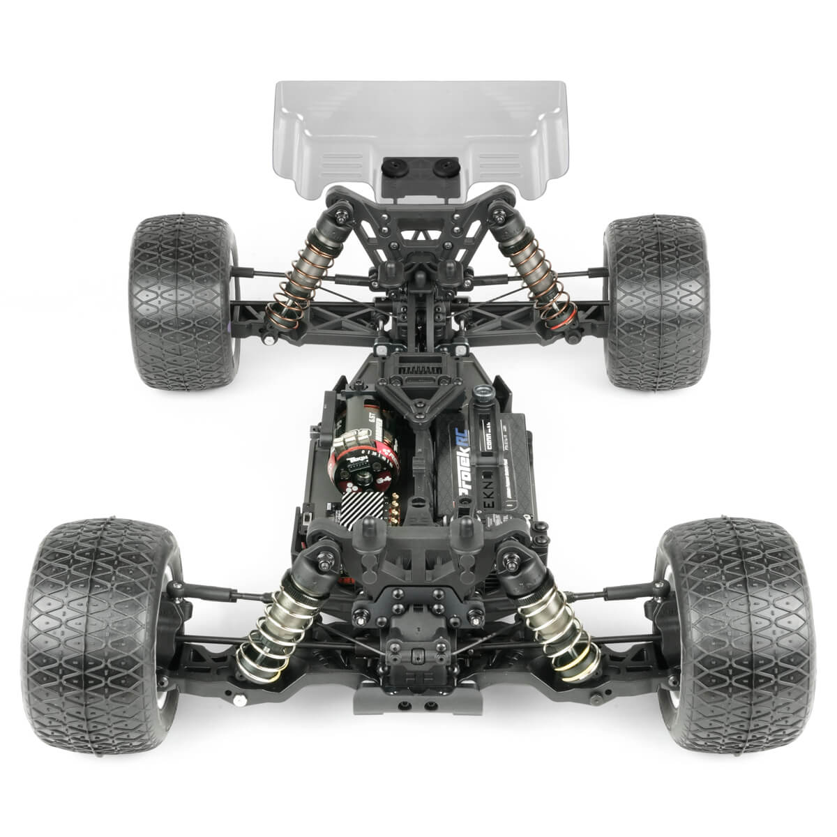 Tekno ET410.2 1/10th scale 4WD electric RC truggy kit with detailed chassis and racing tires, designed for competitive RC off-road racing.