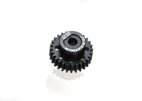 Black Exotek Racing Flite 48P pinion gear with alloy collar, made of POM, for RC cars, shown on a white background.