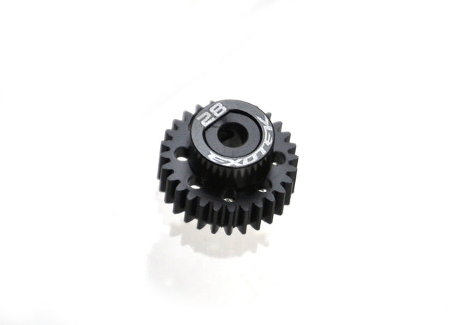 Black Exotek Racing Flite 48P pinion gear with alloy collar, made of POM, for RC cars, shown on a white background.