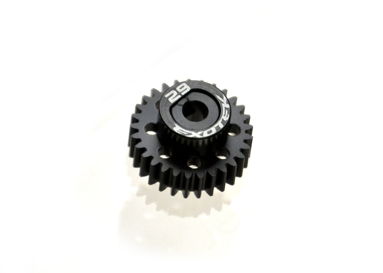Black Exotek Racing Flite 48P pinion gear with alloy collar, made of POM, for RC car performance and durability.