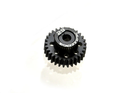 Black Exotek Racing Flite 48P pinion gear with alloy collar, made of POM, for RC car performance and durability.