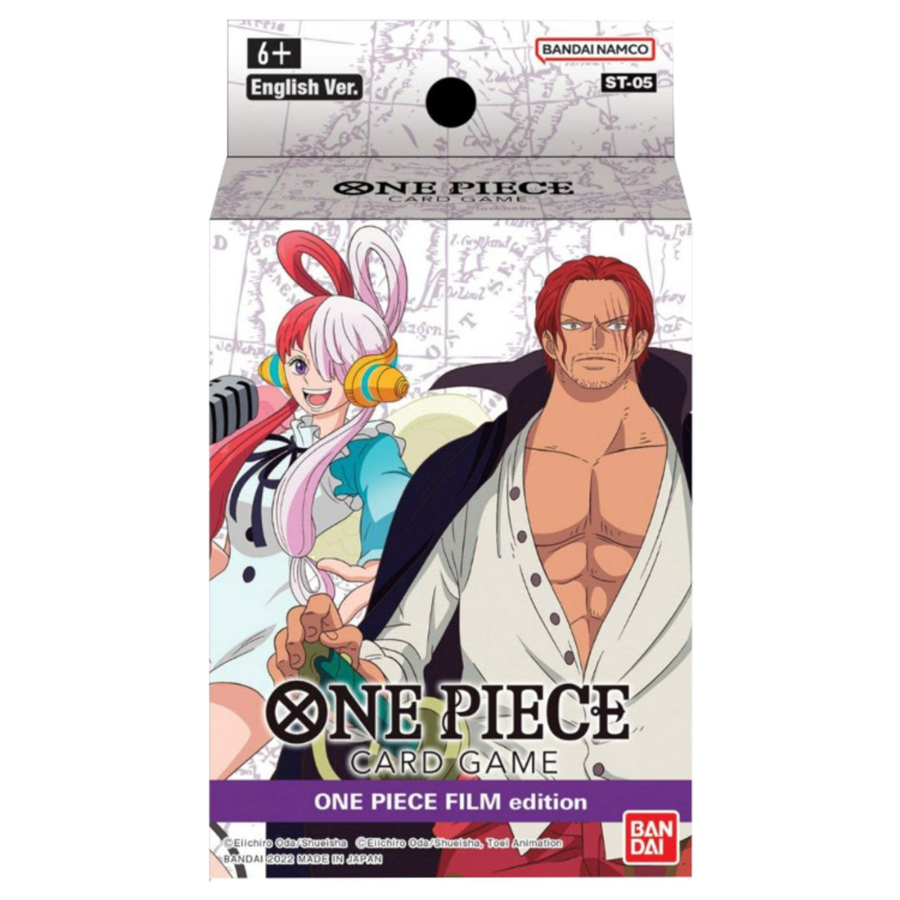 Bandai One Piece TCG Film Edition Starter Deck display featuring colorful cards from the collectible card game.
