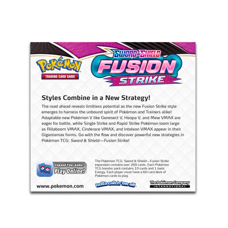 Pokemon Fusion Strike Booster Box featuring vibrant packaging, showcasing Pokémon characters and bold branding on the box.