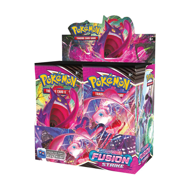 Pokemon Fusion Strike Booster Box with colorful packaging and artwork featuring various Pokémon characters.