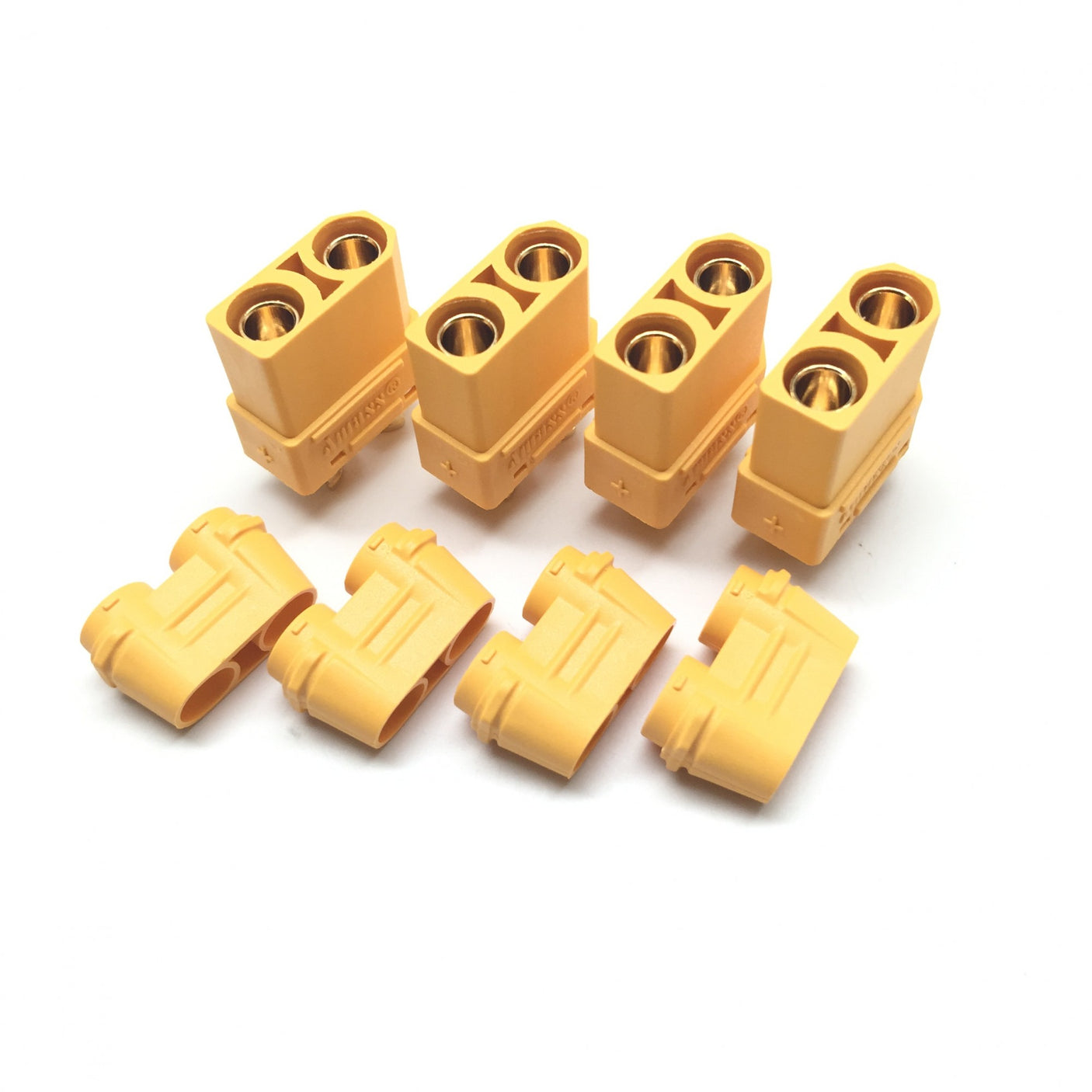 Maclan Racing XT90 female connectors for RC cars, set of four, showing close-up of black plastic connectors with gold-plated contacts.