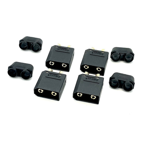 Black Maclan Racing XT90 male connectors for RC cars, set of four, shown in close-up image.