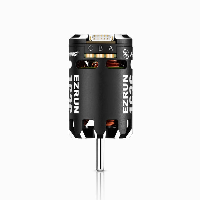 Hobbywing EZRUN 1626 Sensored RC car motor with 5000KV, showing the compact black and silver motor with wiring connections.