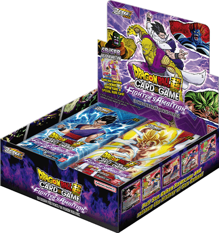Bandai Dragon Ball Super Fighter's Ambition Booster Box with colorful trading cards and packaging featuring Dragon Ball characters.