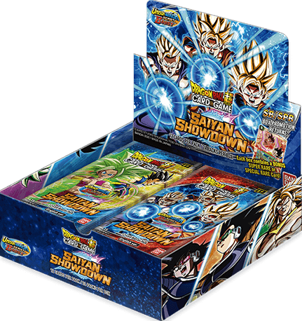 Bandai Dragon Ball Super Saiyan Showdown booster box featuring colorful Dragon Ball characters and vibrant packaging.