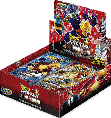 Bandai Dragon Ball Super Ultimate Squad Booster Box with colorful trading cards featuring Dragon Ball characters.