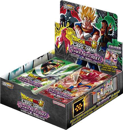 Bandai Dragon Ball Super Power Absorbed Booster Box with colorful trading cards and packaging featuring Dragon Ball characters.