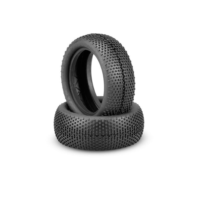 JConcepts Double Dees V2 1/10 4WD front buggy tires with green compound, featuring a tread pattern for RC car racing.