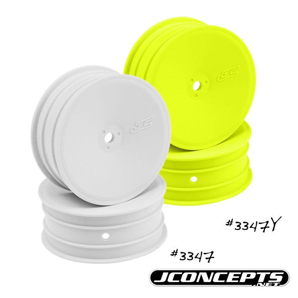 Set of four JConcepts Mono 2.2-inch white RC car buggy front wheels, 1/10 scale, for remote control vehicle racing.