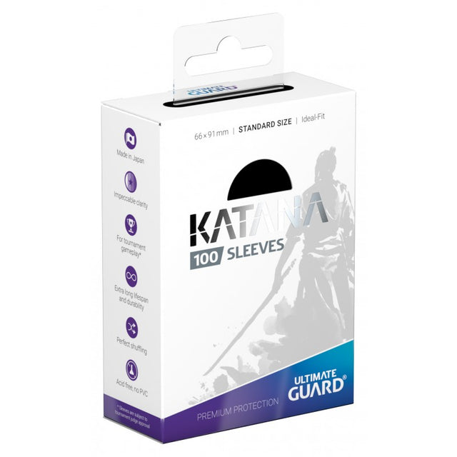 Black Ultimate Guard Katana Standard Size Sleeves for trading cards, featuring sleek, durable card sleeves in the image.