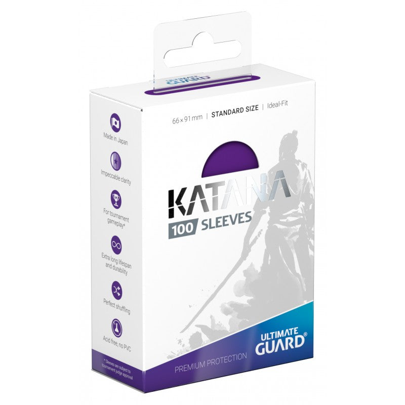 Purple Ultimate Guard Katana Standard Size Card Sleeves for protection and shuffling of trading cards.