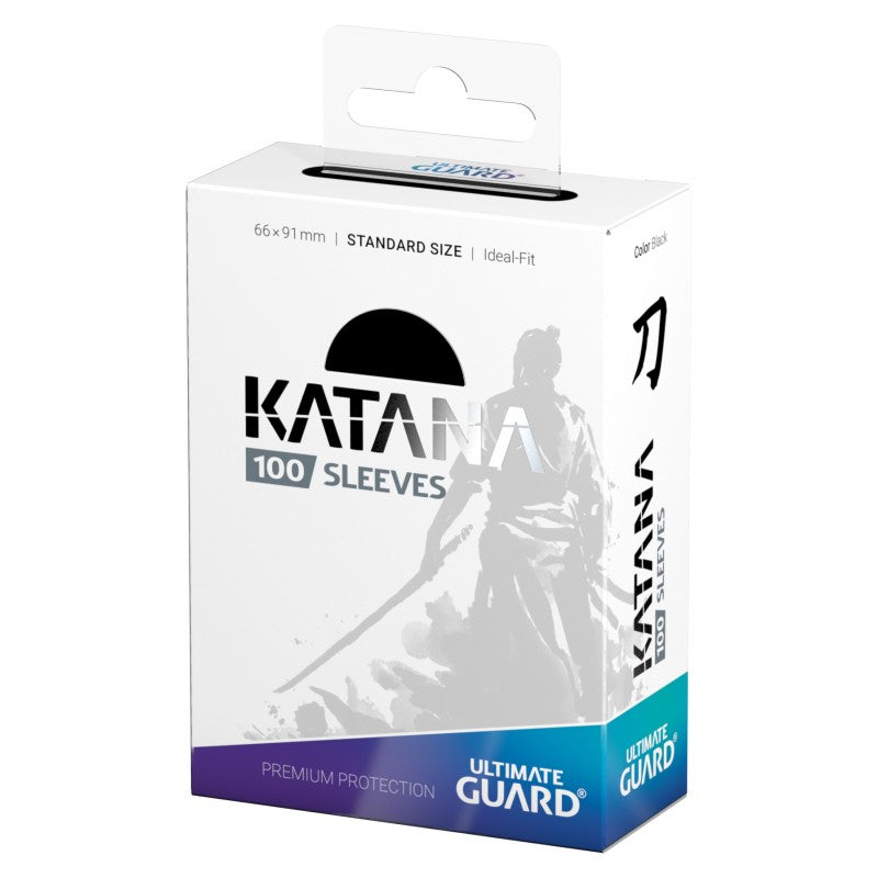 Black Ultimate Guard Katana sleeves for standard size cards, featuring smooth, durable card protection in a sleek design.