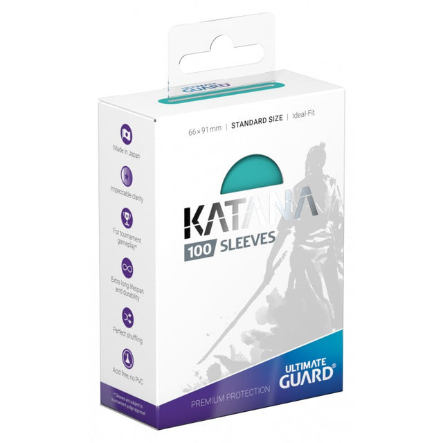 Turquoise Ultimate Guard Katana Sleeves for standard-sized trading cards, featuring durable, high-quality card protection.