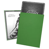 Green Ultimate Guard Katana Sleeves, standard size for trading cards, featuring sleek design and high-quality card protection.