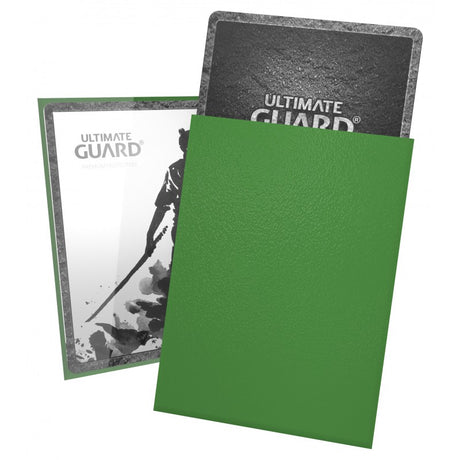Green Ultimate Guard Katana Sleeves, standard size for trading cards, featuring sleek design and high-quality card protection.
