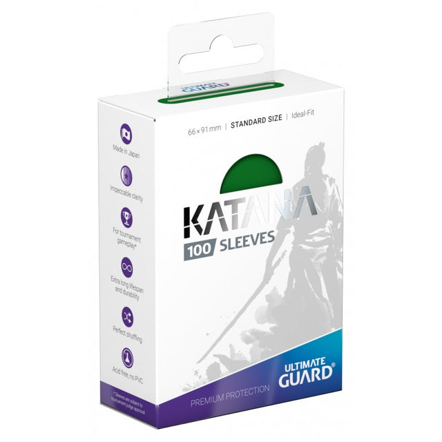 Green Ultimate Guard Katana Standard Size Sleeves for trading cards, featuring sleek design and high-quality card protection.