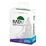 Green Ultimate Guard Katana Standard Size Sleeves for trading cards, showing smooth, high-quality card sleeves with vibrant green color.