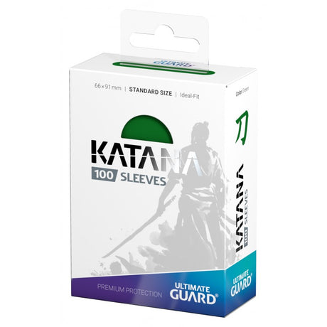 Green Ultimate Guard Katana Standard Size Sleeves for trading cards, showing smooth, high-quality card sleeves with vibrant green color.