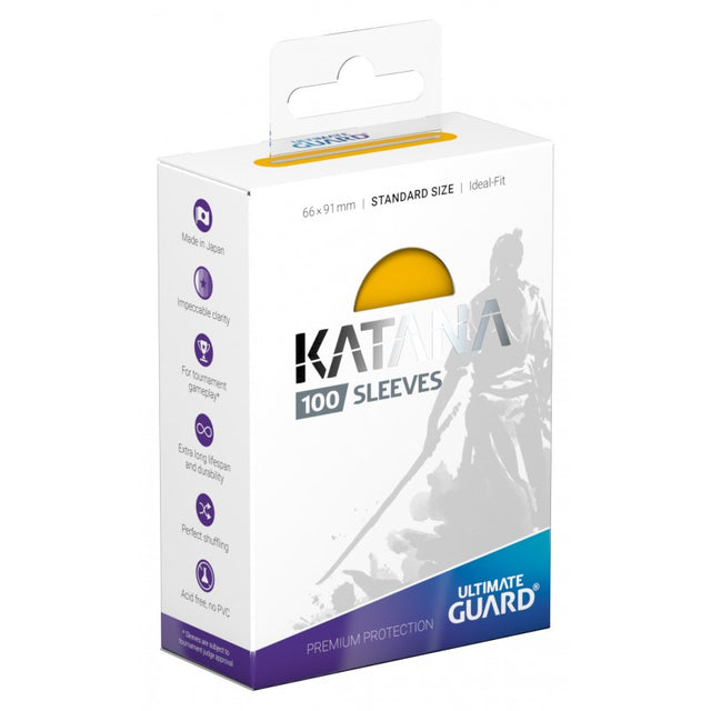 Yellow Ultimate Guard Katana Standard Size Sleeves for trading cards, shown fanned out on a white background.