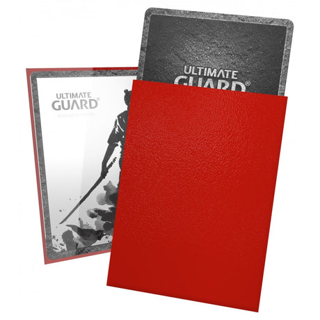 Red Ultimate Guard Katana Sleeves for standard-sized trading cards, featuring clear, durable protection and smooth shuffle feel.