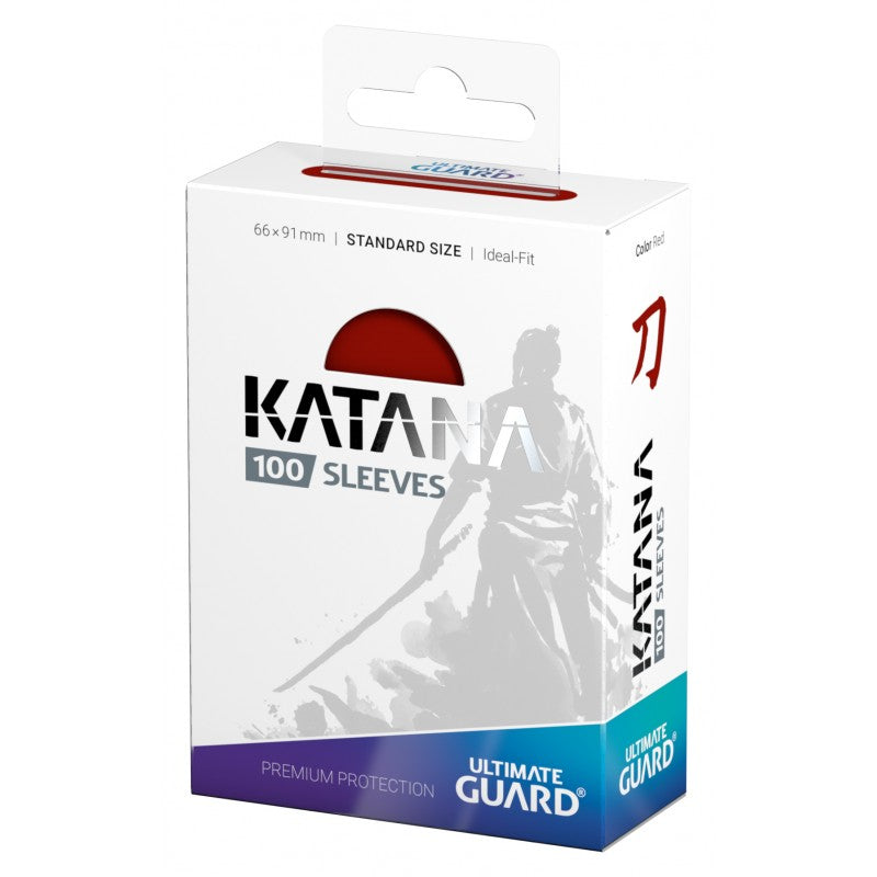 Red Ultimate Guard Katana Standard Size Card Sleeves, protective card sleeves for trading cards, shown in a close-up image.