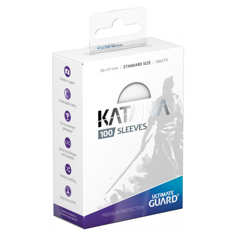 Transparent Ultimate Guard Katana Sleeves for standard-sized trading cards, featuring durable, clear plastic design.