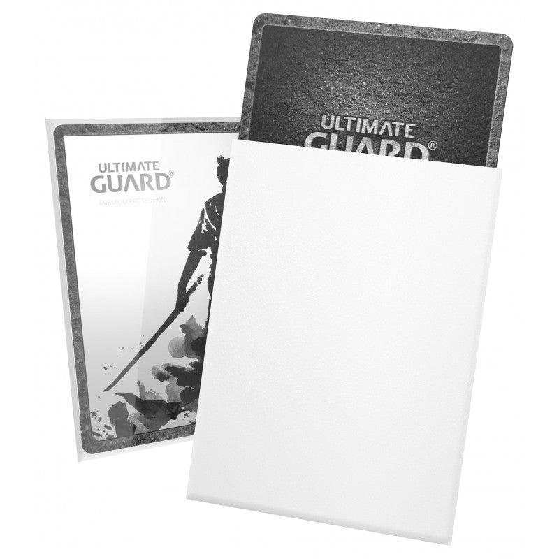 White Ultimate Guard Katana Standard Size Sleeves for trading cards, showing smooth, high-quality card sleeves in a close-up view.