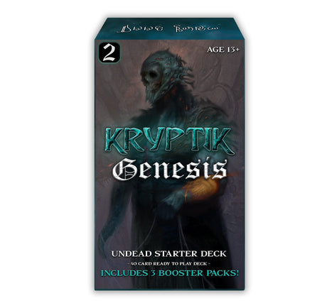 Kryptic TCG Genesis Starter Deck Display Wave 2 with undead-themed cards and artwork featuring dark fantasy characters.