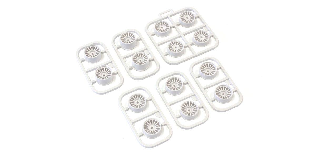Kyosho MDH100W white multi-offset wheel set with 14 pieces, designed for RC cars, featuring a detailed wheel pattern and white finish.