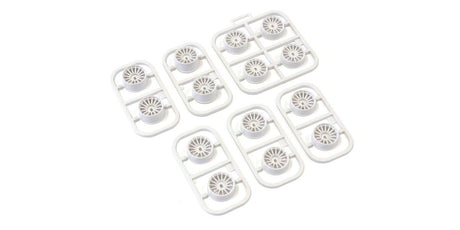 Kyosho MDH100W white multi-offset wheel set with 14 pieces, designed for RC cars, featuring a detailed wheel pattern and white finish.