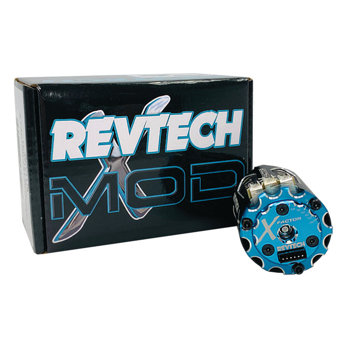 Trinity X-Factor 5.5T modified brushless motor for RC cars, showing the compact motor with cooling fins and wiring connections.