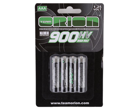 Team Orion 900HV AAA high voltage rechargeable battery cells, set of four, shown with label and packaging.