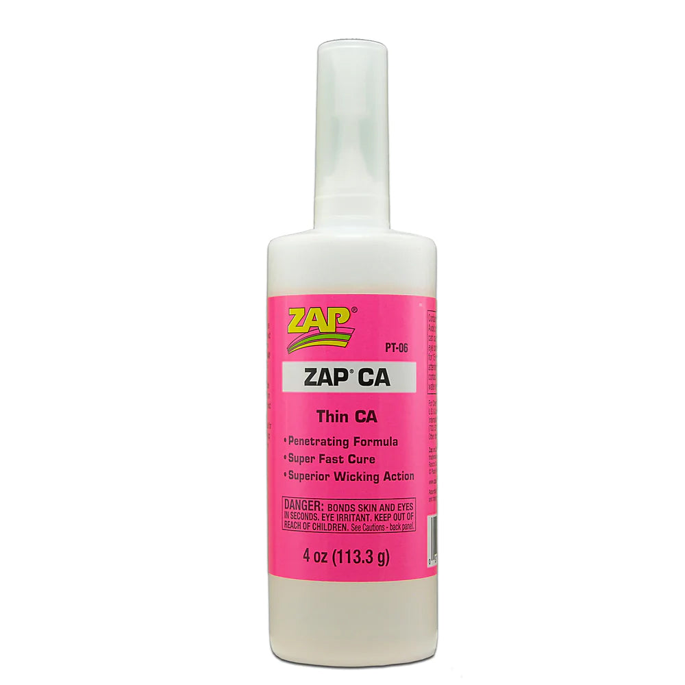 Zap CA Glue Thin in pink bottle, close-up of the precise applicator tip and label on the Zap adhesive packaging.