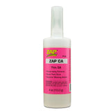 Zap CA Glue Thin in pink bottle, close-up of the precise applicator tip and label on the Zap adhesive packaging.