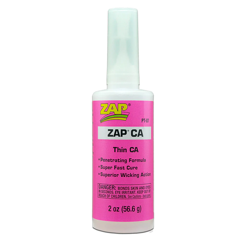 Zap CA Glue Thin Pink bottle, close-up of the transparent adhesive with pink label, showing the precision applicator tip.
