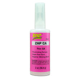 Zap CA Glue Thin Pink bottle, close-up of the transparent adhesive with pink label, showing the precision applicator tip.