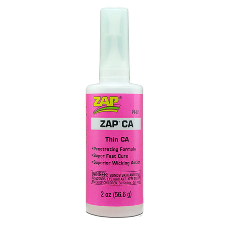 Zap CA Glue Thin Pink bottle, close-up of the transparent adhesive with pink label, showing the precision applicator tip.