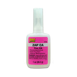 Zap CA Glue Thin in Pink bottle, close-up of the Zap brand super glue container with pink cap and label.