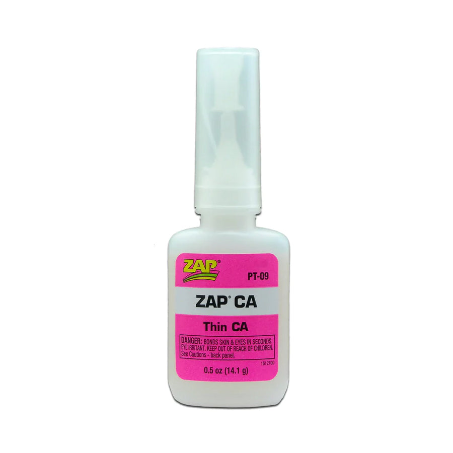 Zap CA Glue Thin in pink color, close-up of clear plastic bottle with applicator tip for precise bonding and quick adhesion.
