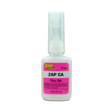 Zap CA Glue Thin in pink color, close-up of clear plastic bottle with applicator tip for precise bonding and quick adhesion.